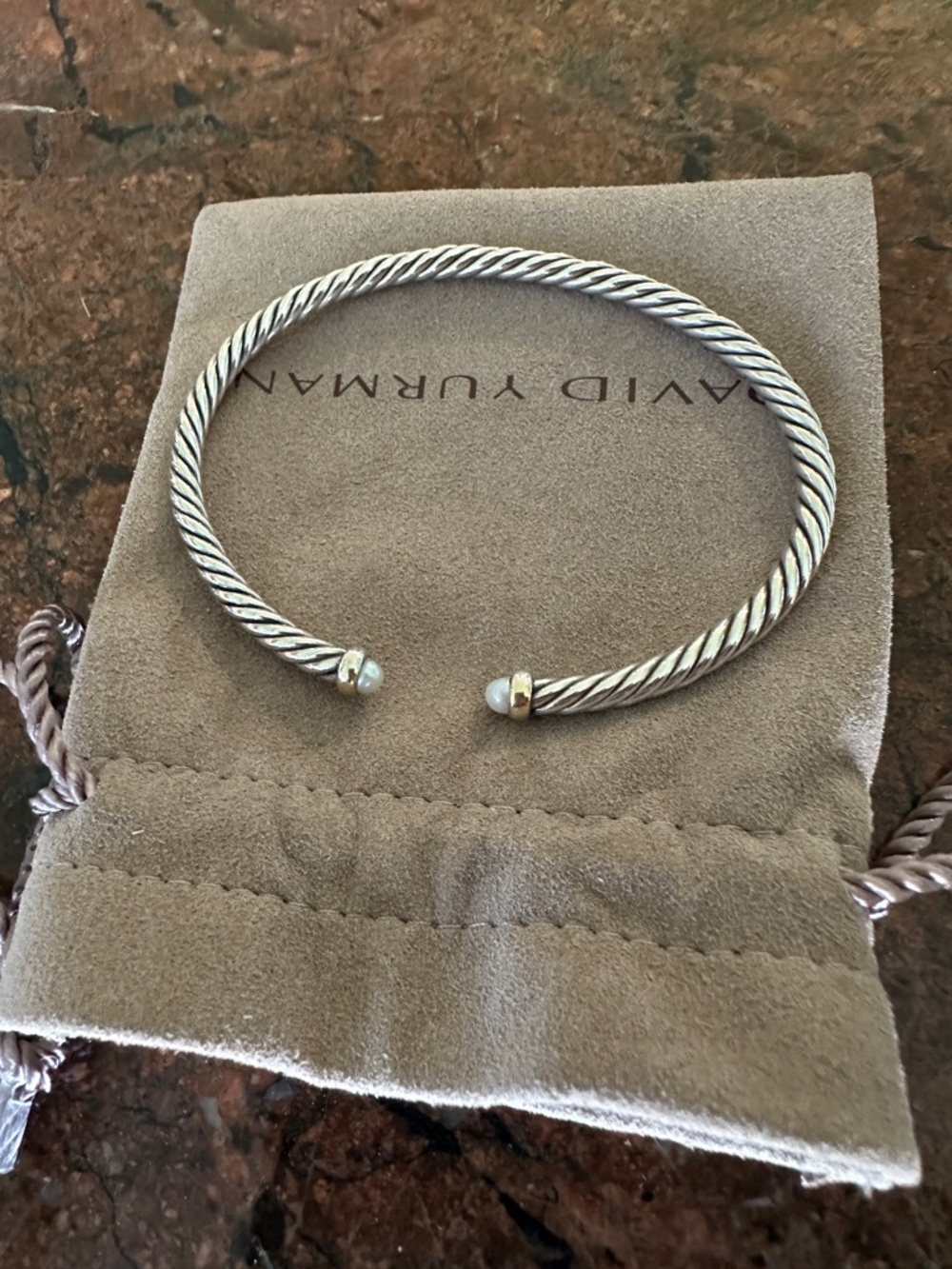 David Yurman Silver Cable Flex Cuff Bracelet 4MM with Gold Accents and Pearl
